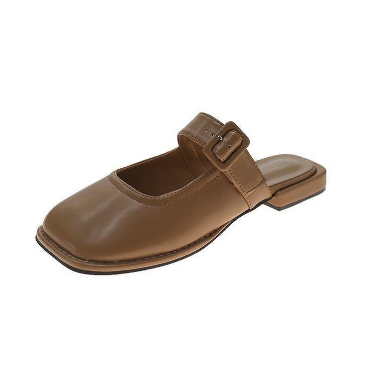 Korean mango head sandals for women to wear 2022 spring and summer new gentle wind baotou flat bottom square toe semi-slippers women's shoes