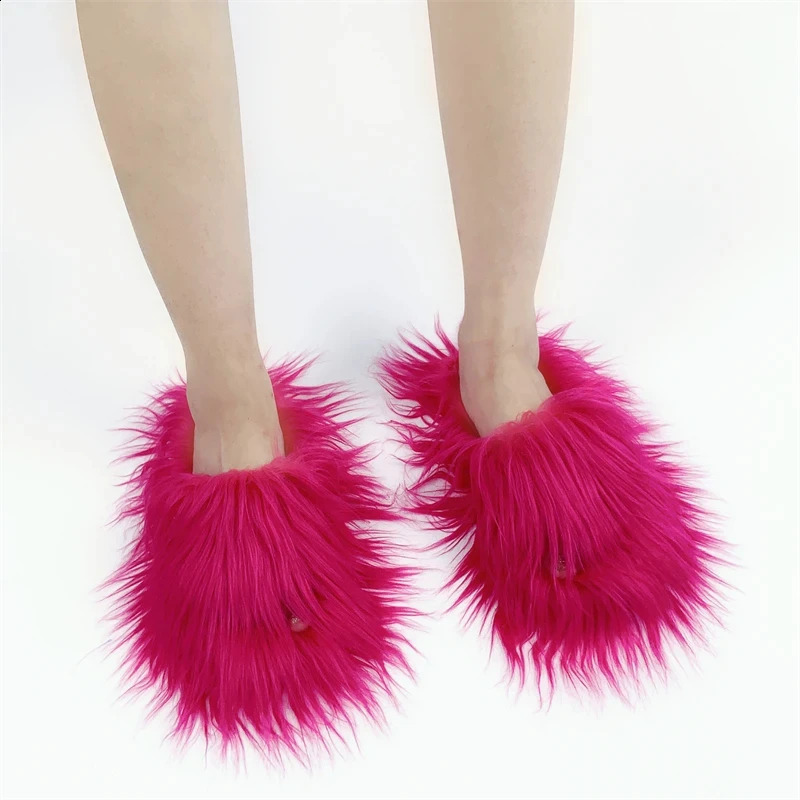 Fuzzy Slides Open Toe Raccoon Fur Womens Flat Bottom Half Slide 240701