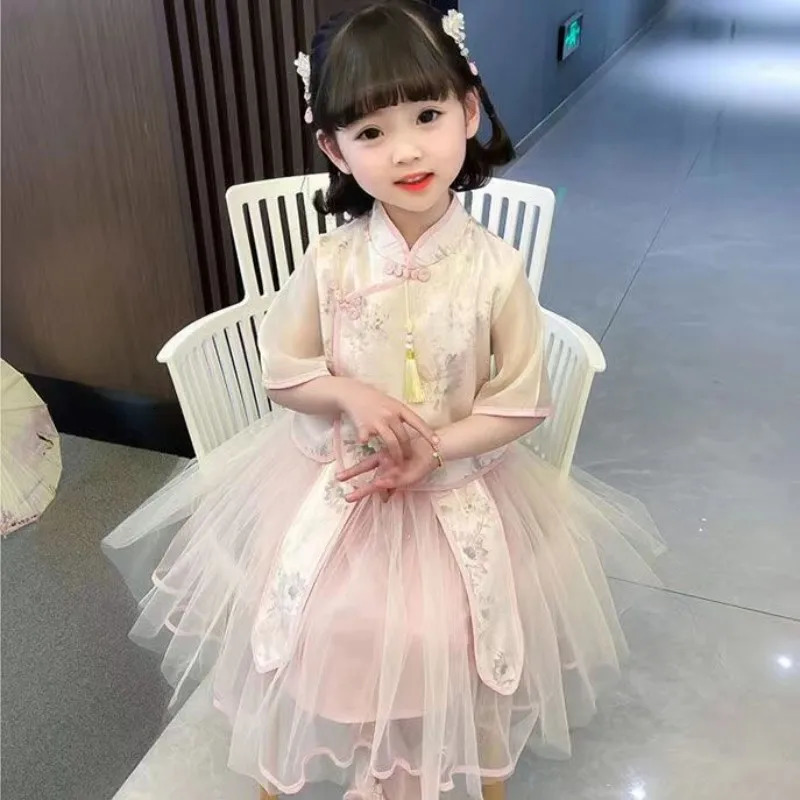 Girls Hanfu Summer Suit Skirt Super Fairy Fresh Princess Ancient Chinese Style Children Clothes Little Girls Tang Clothes 240701