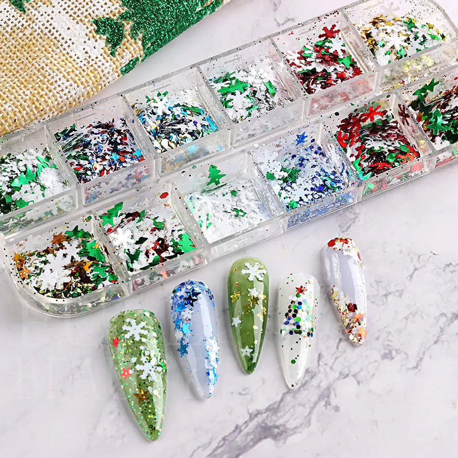 Merry Christmas Flakes Nails Art Glitter Green Red Xmas Sequins White Snowflakes Stars Paillette Winter Manicure Decoration #SDF 240701