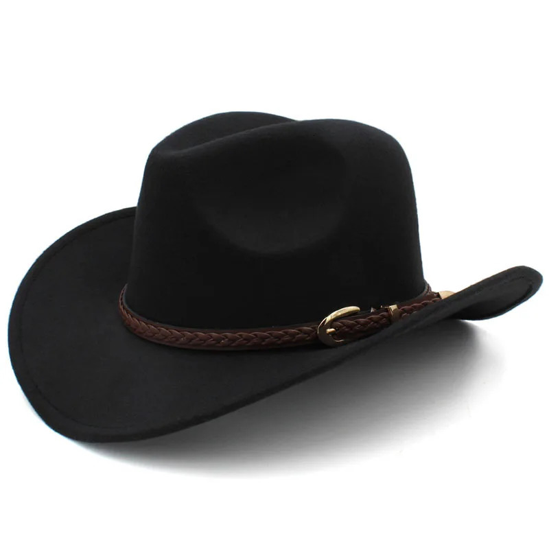 Coffee Leather Band Vintage Parent-child Women Men /Kid Child Wool Wide Brim Cowboy Western Hat Cowgirl Bowler Cap 54-57-61cm 240701