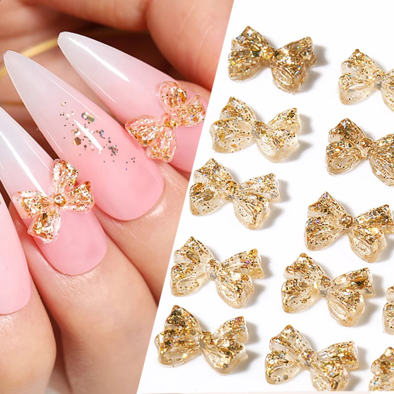 50pcs 3D Luminous Nail Charms Accessory Jelly Ribbon Bows Nail Art Decoration Translucent Crystal Manicure Jewelr 240701