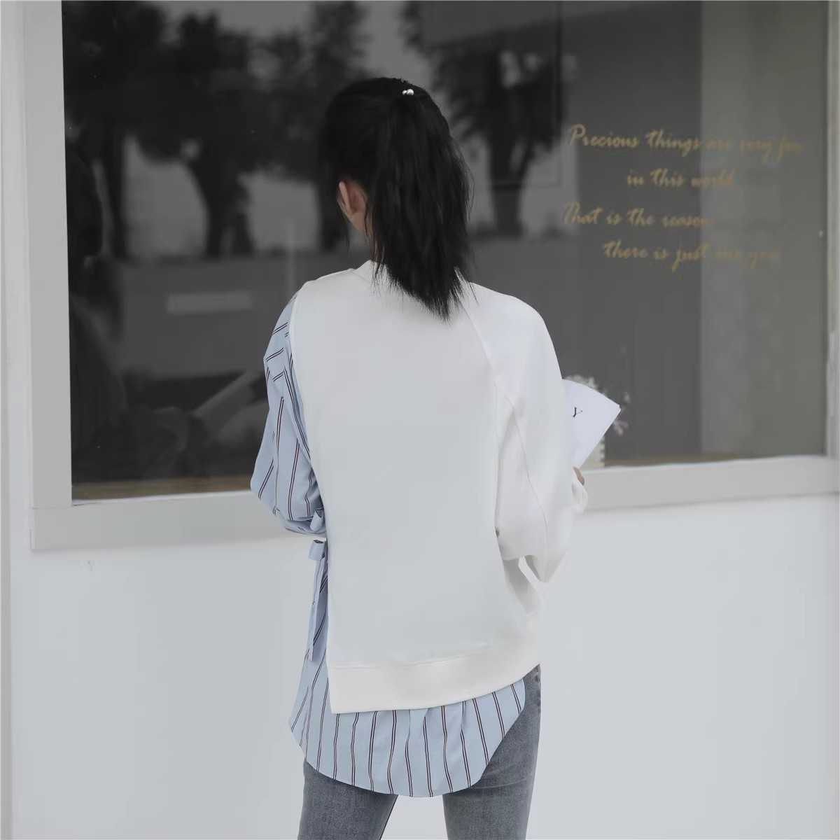 Loose Fit Striped Spliced Hit Color Sweatshirt New Round Neck Long Sleeve Women Big Size Fashion Spring Autumn