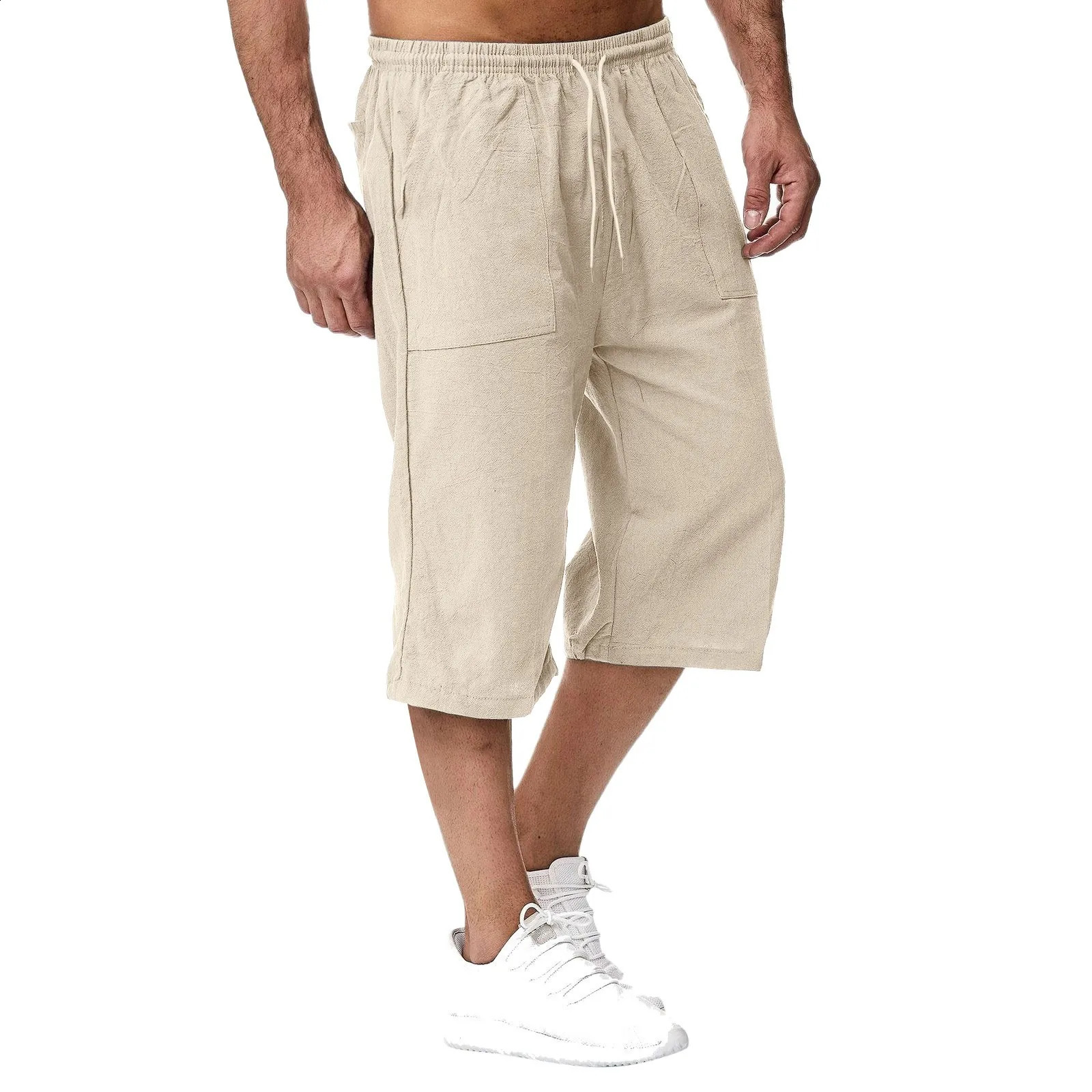 Summer mens casual shorts cotton blend long elastic waist loose pockets drawstring 3/4 length short sleeves daily wear 240701
