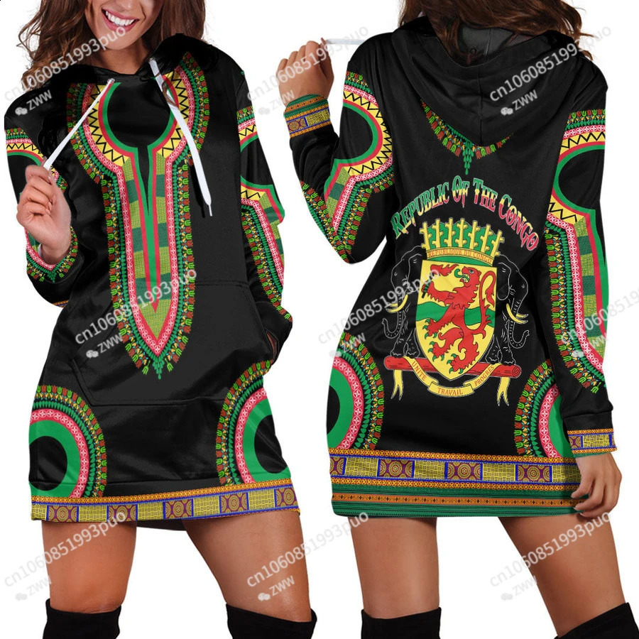 Democratic Republic of Congo Flag Tribal Vintage 3D Printed Harajuku Crew Neck Slim Casual Long Sleeve Funny Ladies Hoodie Dress 240701