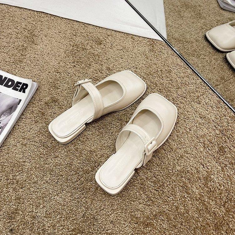 Korean mango head sandals for women to wear 2022 spring and summer new gentle wind baotou flat bottom square toe semi-slippers women's shoes