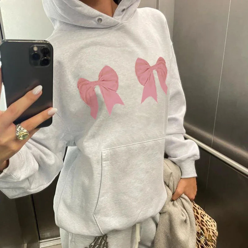 Korean Fashion Bow Print Women Hoodie Kawai Harajuku Casual Streetwear Aesthetic Y2K Pullover Loose E-girl Jacket Couple Tops 240701