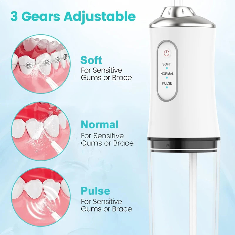 Portable Oral Irrigator USB Rechargeable Dental Water Flosser 4 Nozzles Water Jet 220ml Water Tank 3 Modes Waterproof 240701