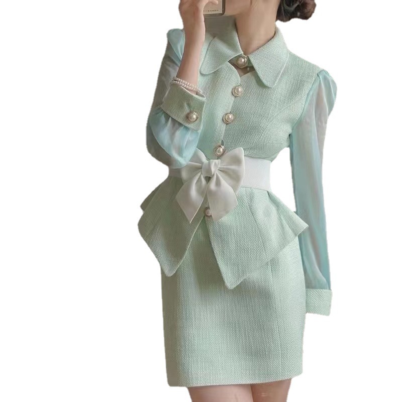 Two Piece Dress Women's Set White Autumn/Winter Long-Sleeved Tassel Ladies Tweed jacket Skirt Suit fashion Professional 2-Piece Set