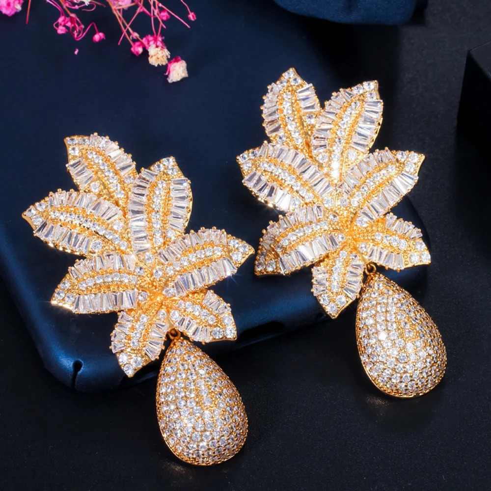 Pera Gorgeous White Cubic Zirconia Silver Color Large Leaf Water Drop Wedding Party Dangle Earrings for Brides Jewelry Gift E606 240701