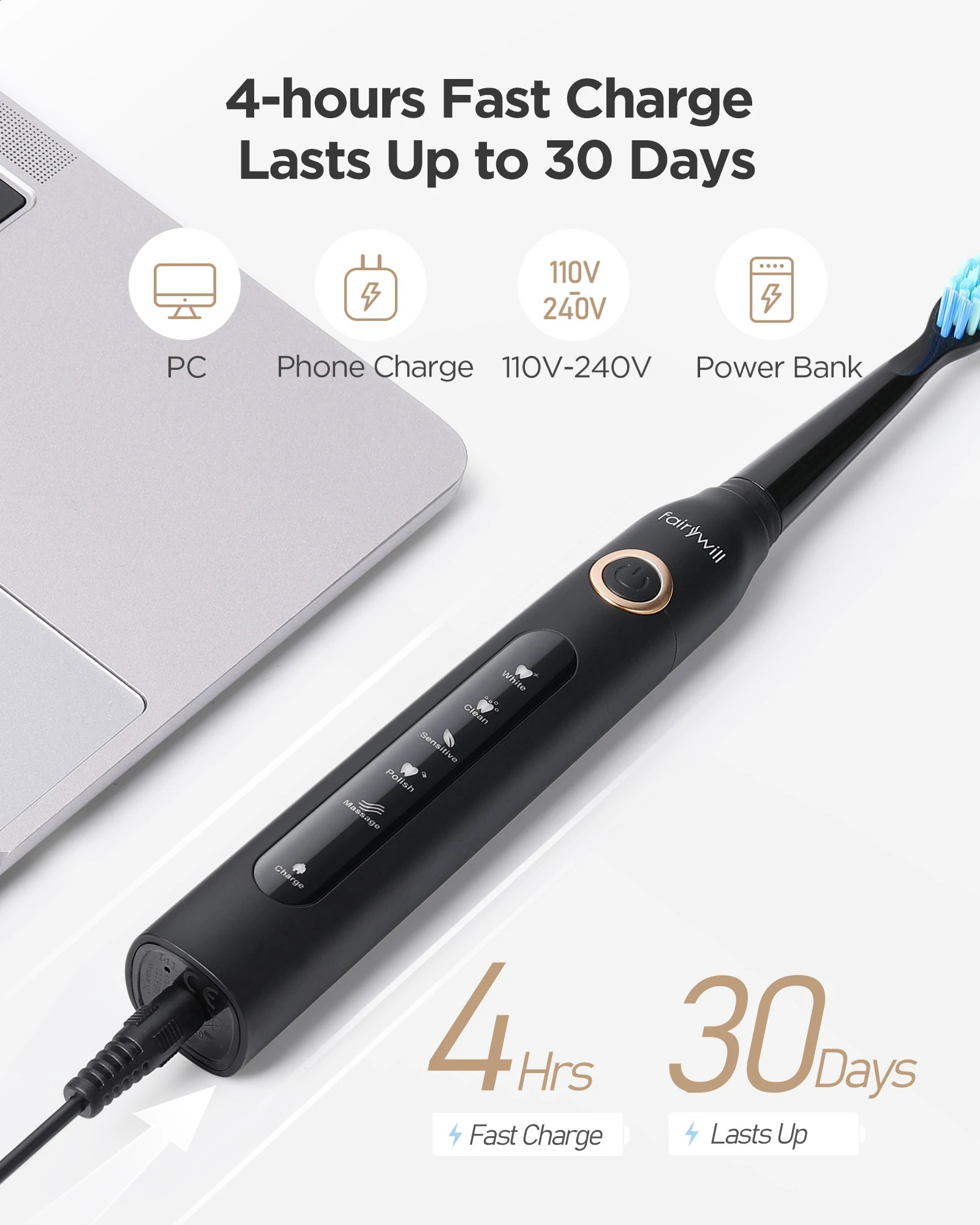 Fairywill Water Dental Flosser Teeth Portable Cordless USB Oral Irrigator Cleaner IPX7 Waterproof Electric Toothbrush 240701