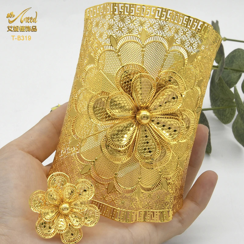 ANIID Dubai Wholesale Gold Color Bangles With Ring For Women Indian Charm Bracelet Jewellery Arabic Wedding Party Banquet Gifts 240626