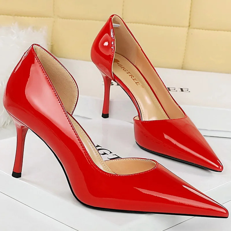 Size 34-43 Women 8cm Thin High Heels Pumps Lady Shallow Pointed Toe Mid Heels Side Hollow Patent Leather Nude Burgundy Red Shoes 240701 - view 4