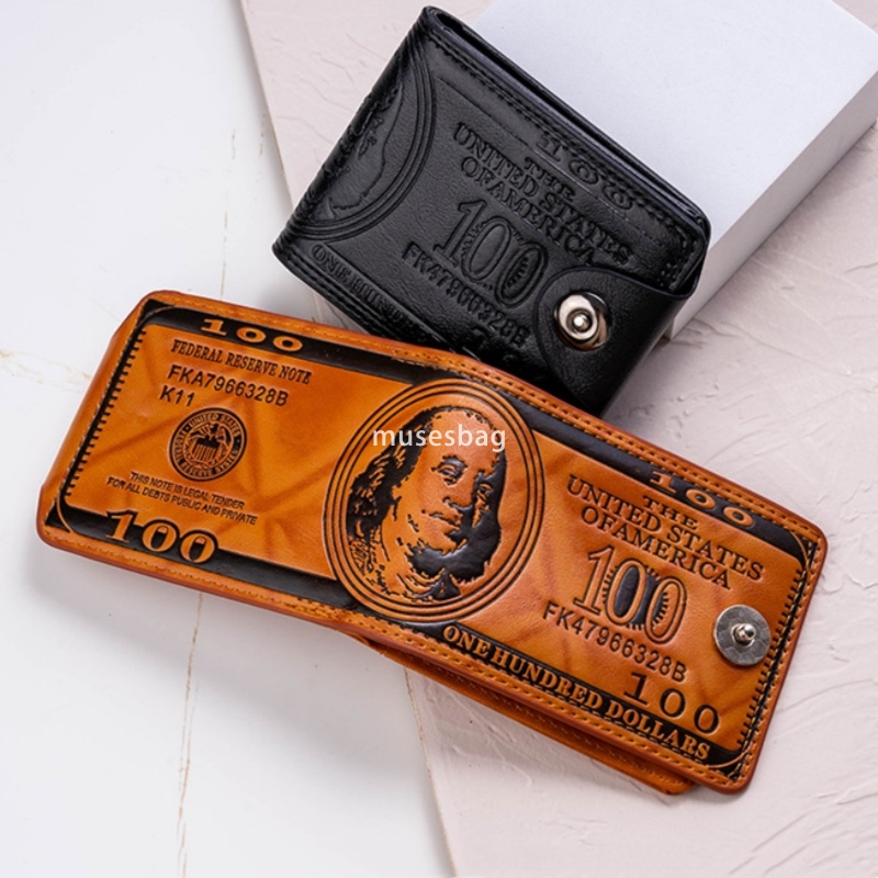 Fashionable high-end US dollar wallet for both men and women personalized magnetic buckle pressure changes to 100 yuan US dollar short wallet PU leath
