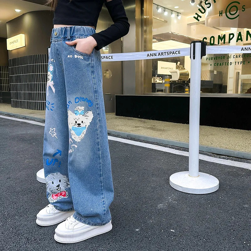 Jeans for Girls Fashion Cartoon Printed Long Denim Trousers Teens Kids Cute Dog Pattern Wide Leg Pants 5 7 9 11 13 14Y 240701