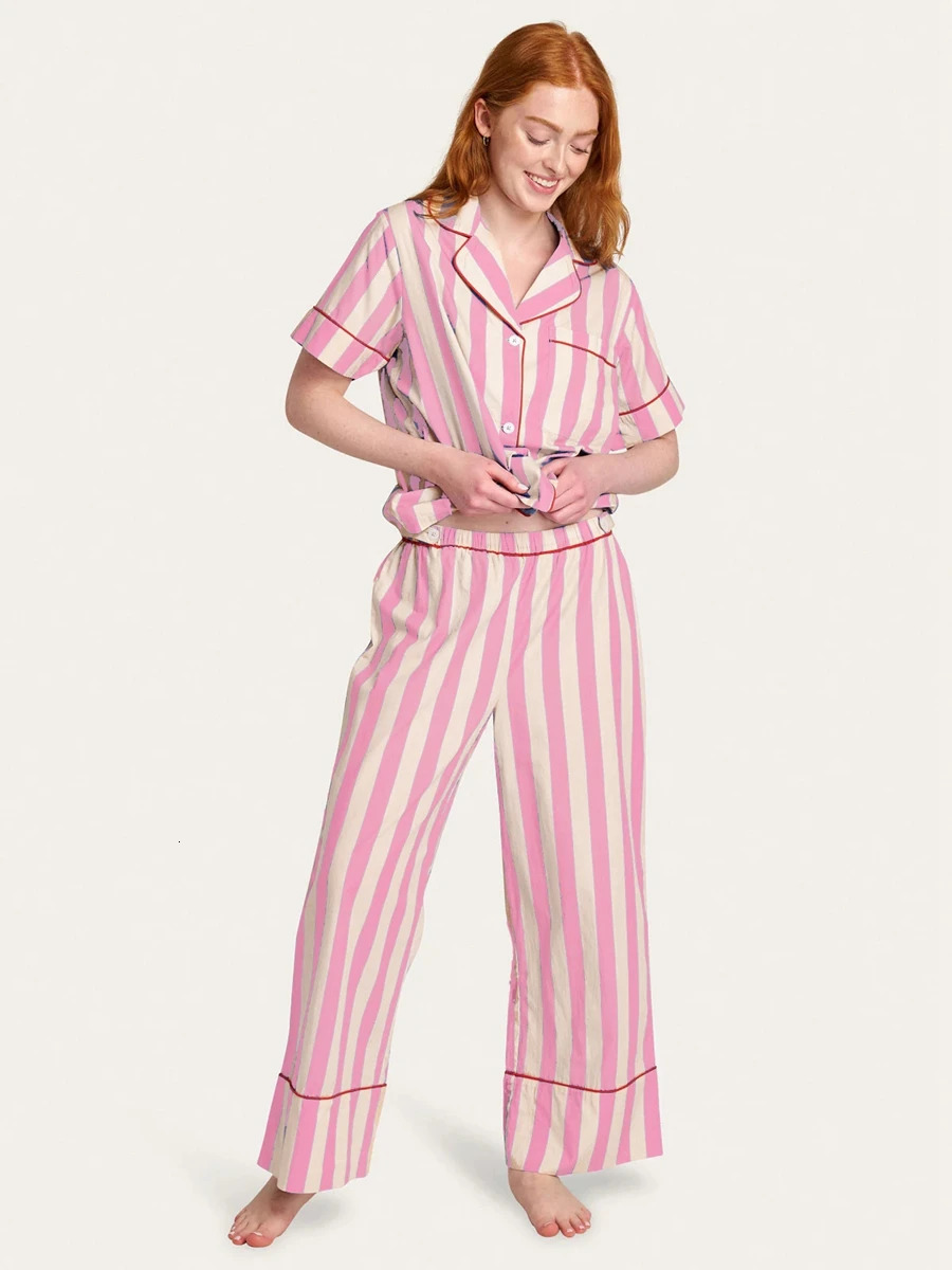 Womens Y2K 2Pieces Underwear Striped Pajama Set Short Sleeve Lapel Collar Shirts Elastic Waist Long Pants Loungewear Sleepwear 240627