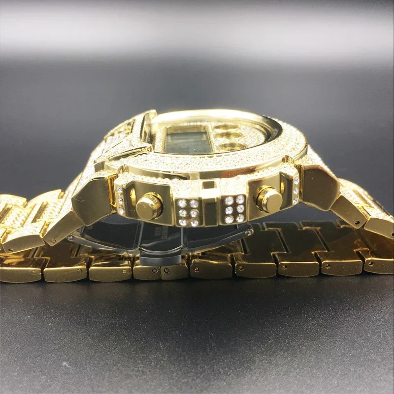 Drop 18k Gold Watch Men Full Diamonds Mens Quartz Watches LED Digital Male Clock Hip Hop Wristwatches Reloj Hombre Gift 240626
