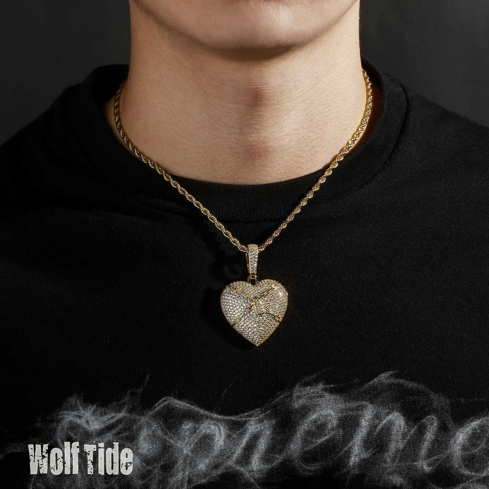 Hip Hop Zirconium Full Lock Love Heart Pendant Necklace Link Chain For Men And Women Rap Fashion Accessories 14k Real Gold Wolf TideJewelry Gemstone B