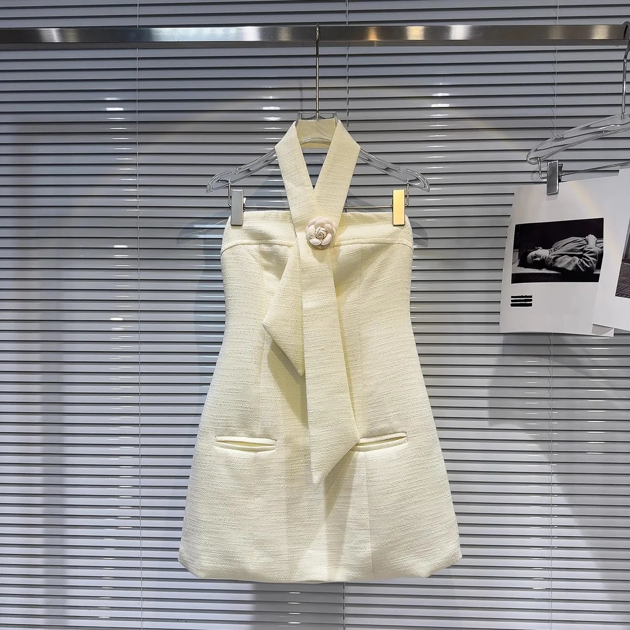 PREPOMP Summer Arrival Sleeveless Strapless Petal Applique Necktie Halter Yellow Tweed Short Mini Dress Women GP584 240625