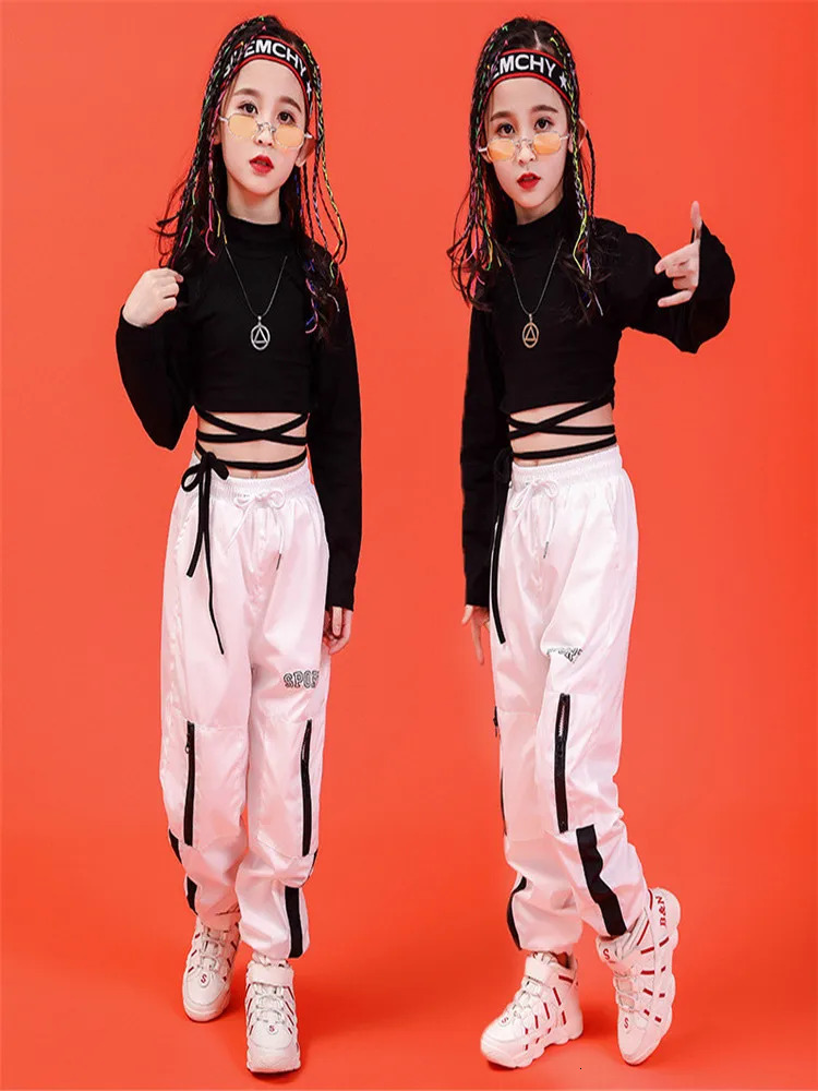 Girl Clothes Summer Chidren Hip Hop Clothing Cotton Black Long Sleeve Crop Tshirt White Polyester Pant 2 Pcs Streetwear Suit 240701