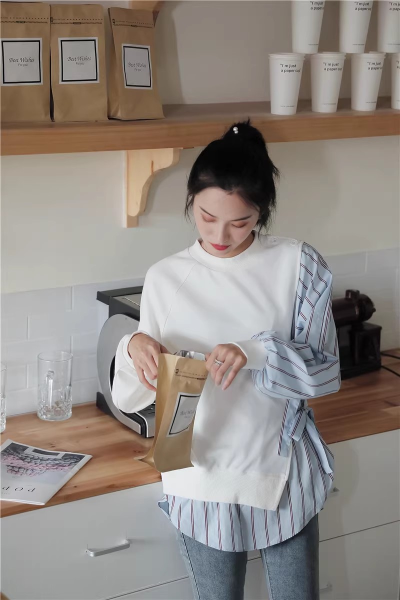 Loose Fit Striped Spliced Hit Color Sweatshirt New Round Neck Long Sleeve Women Big Size Fashion Spring Autumn