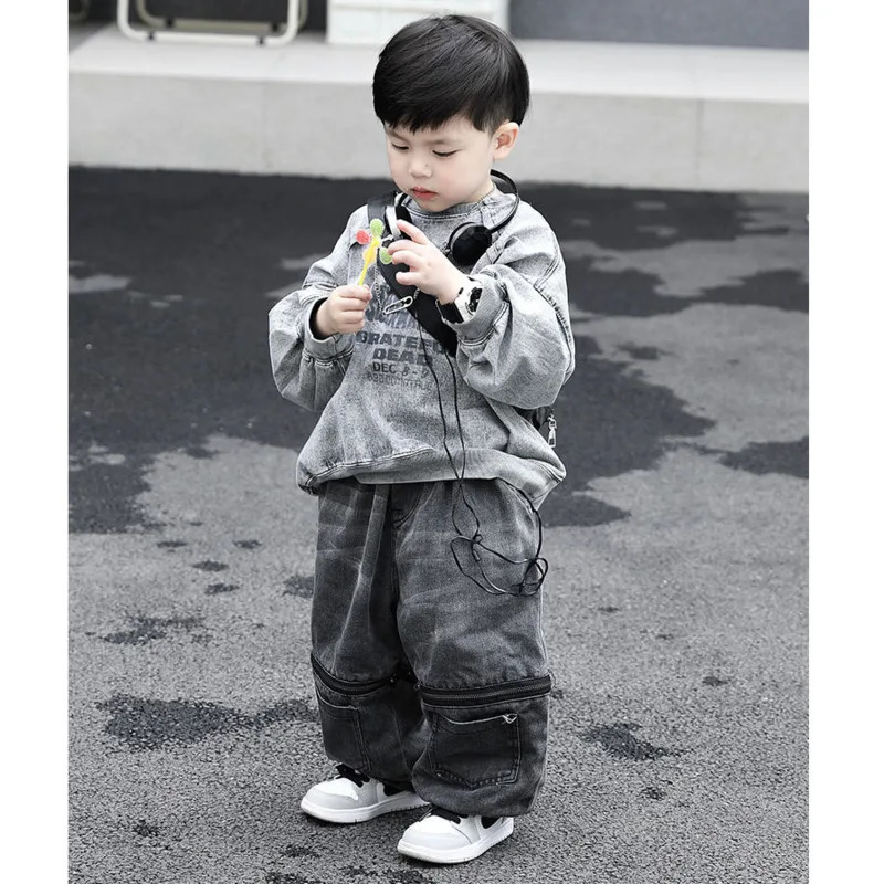 Boys Summer Autumn Sweatshirt Jeans Two-piece Sets Korean Style Streetwear Personalized Washable Old Round Neck Cowboy Pant Set 240701