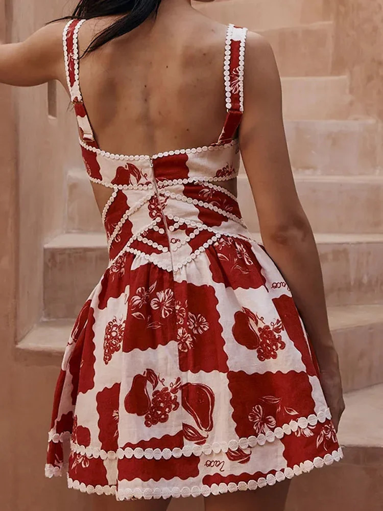 Womens Printed Cut Out Zipper Mini Dress Fashion High Waist Backless Sleeveless Dresses Female Summer Party Evening Vestidos 240627