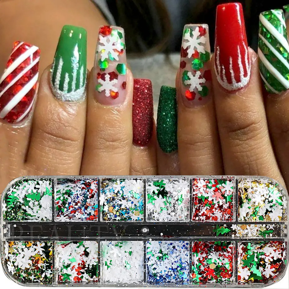 Merry Christmas Flakes Nails Art Glitter Green Red Xmas Sequins White Snowflakes Stars Paillette Winter Manicure Decoration #SDF 240701