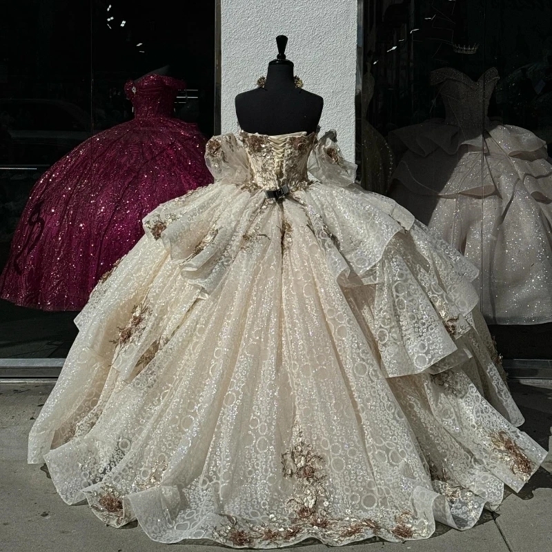 Ivory Shiny Quinceanera Dresses Formal Luxury Party Beading Lace Appliques Sweet 15 Dress Graduation Ball Gwon Prom Gowns