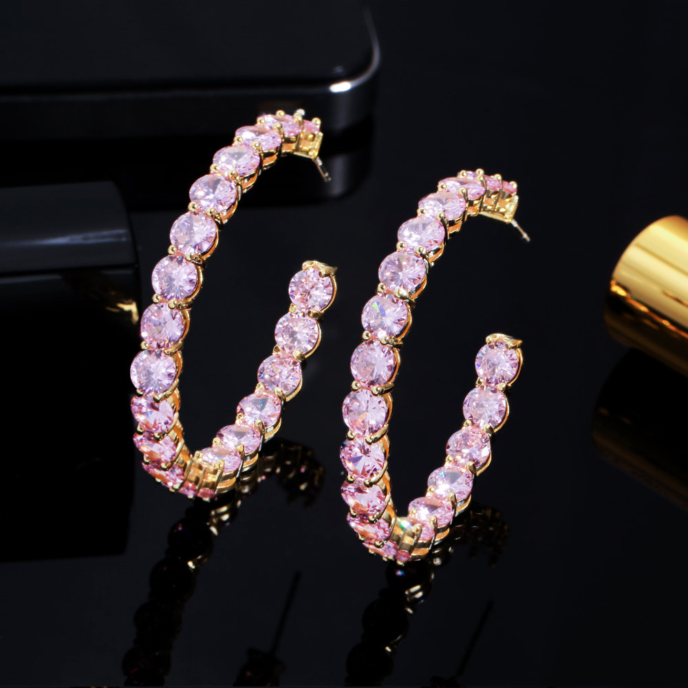 Elegant Temperament Ins Clip Earrings Sparkling Luxury Jewelry Real 925 Sterling Silver 18K Gold Round Cut Pink 5A Cubic Zircon CZ Diamond Women Weddi