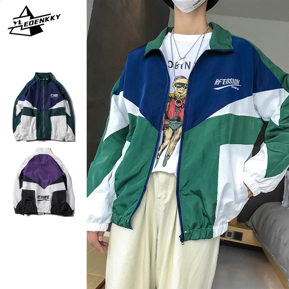 Varsity Thin Jacket Men Women Harajuku Casual Color-block Baggy Coat High Street Patchwork Lapel Track Top Spring Couple Outwear 240701