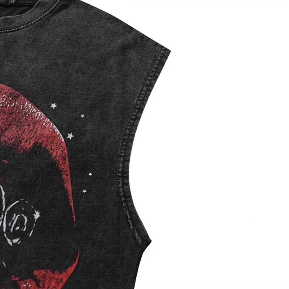 Lip Print Pattern Washed T Shirt Vintage Loose Tank Top Casual Sleeveless Cotton Tshirt Hip Hop Streetwear Oversize Tops Vest 240701