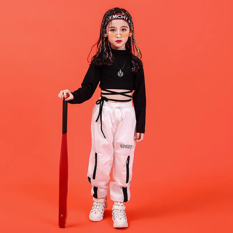 Girl Clothes Summer Chidren Hip Hop Clothing Cotton Black Long Sleeve Crop Tshirt White Polyester Pant 2 Pcs Streetwear Suit 240701
