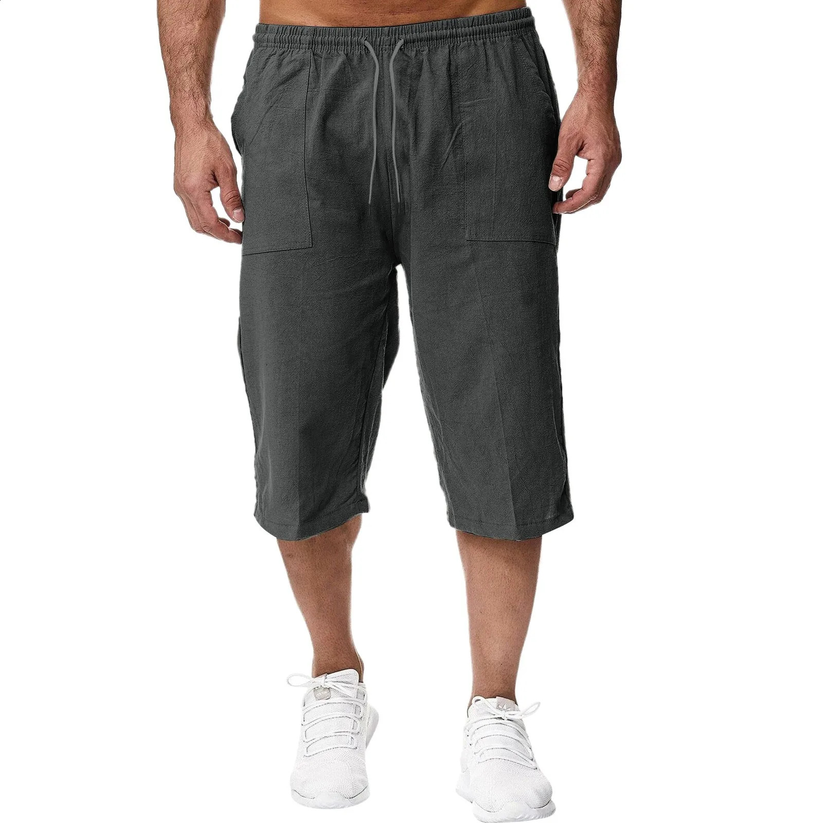Summer mens casual shorts cotton blend long elastic waist loose pockets drawstring 3/4 length short sleeves daily wear 240701