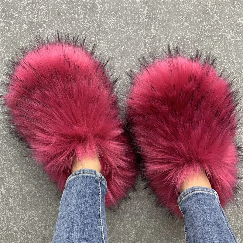 Luxury fur slider womens open toe raccoon fur slider womens flat bottom half slider Woo Spikes 240701