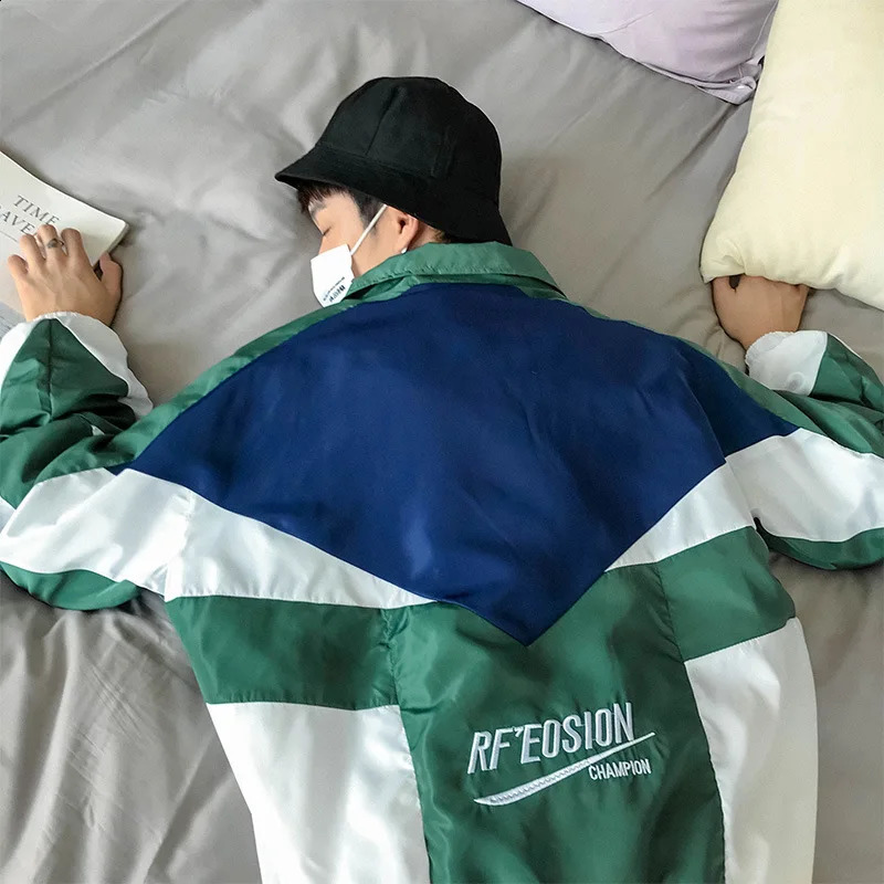 Varsity Thin Jacket Men Women Harajuku Casual Color-block Baggy Coat High Street Patchwork Lapel Track Top Spring Couple Outwear 240701