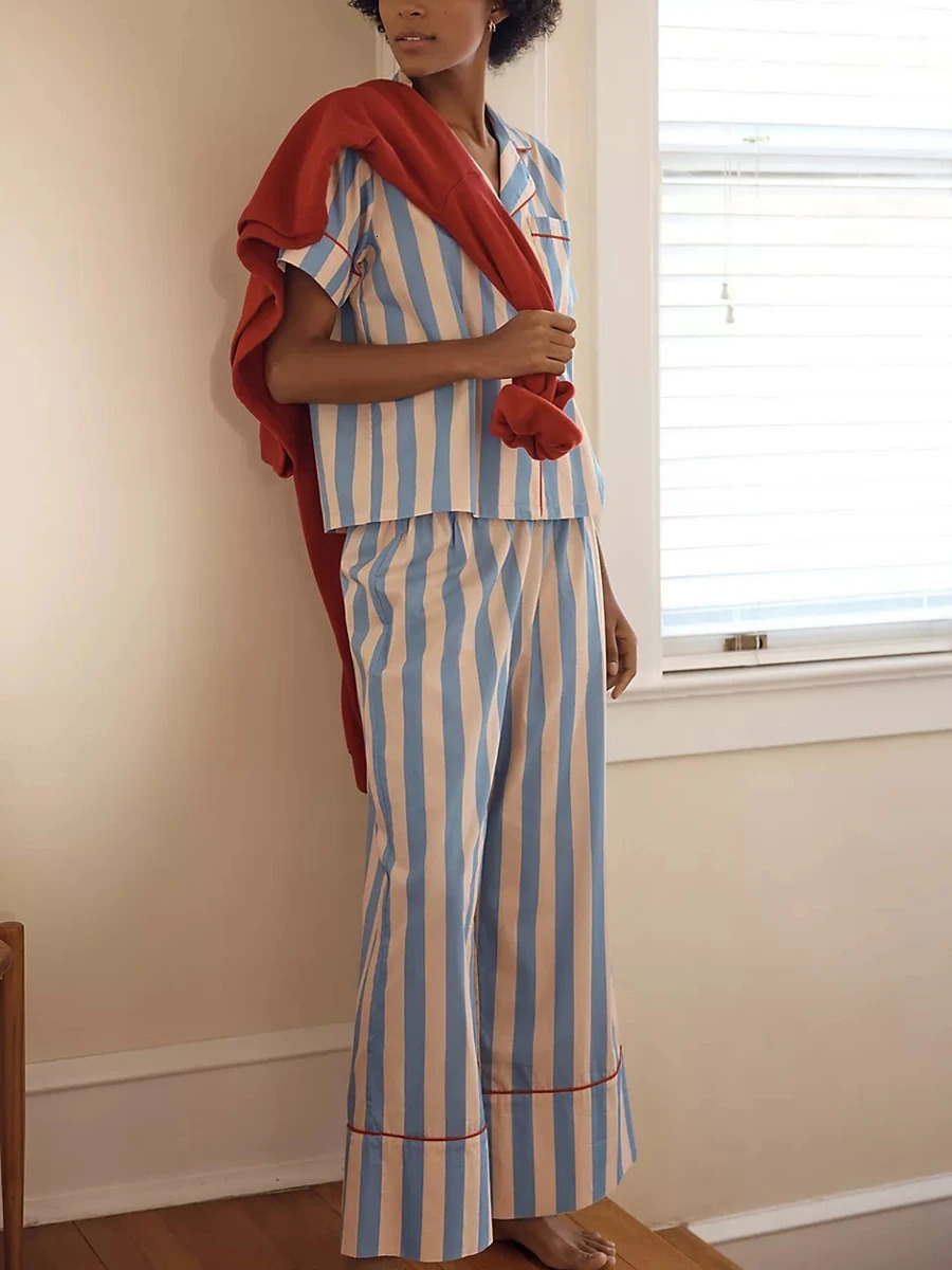 Womens Y2K 2Pieces Underwear Striped Pajama Set Short Sleeve Lapel Collar Shirts Elastic Waist Long Pants Loungewear Sleepwear 240627
