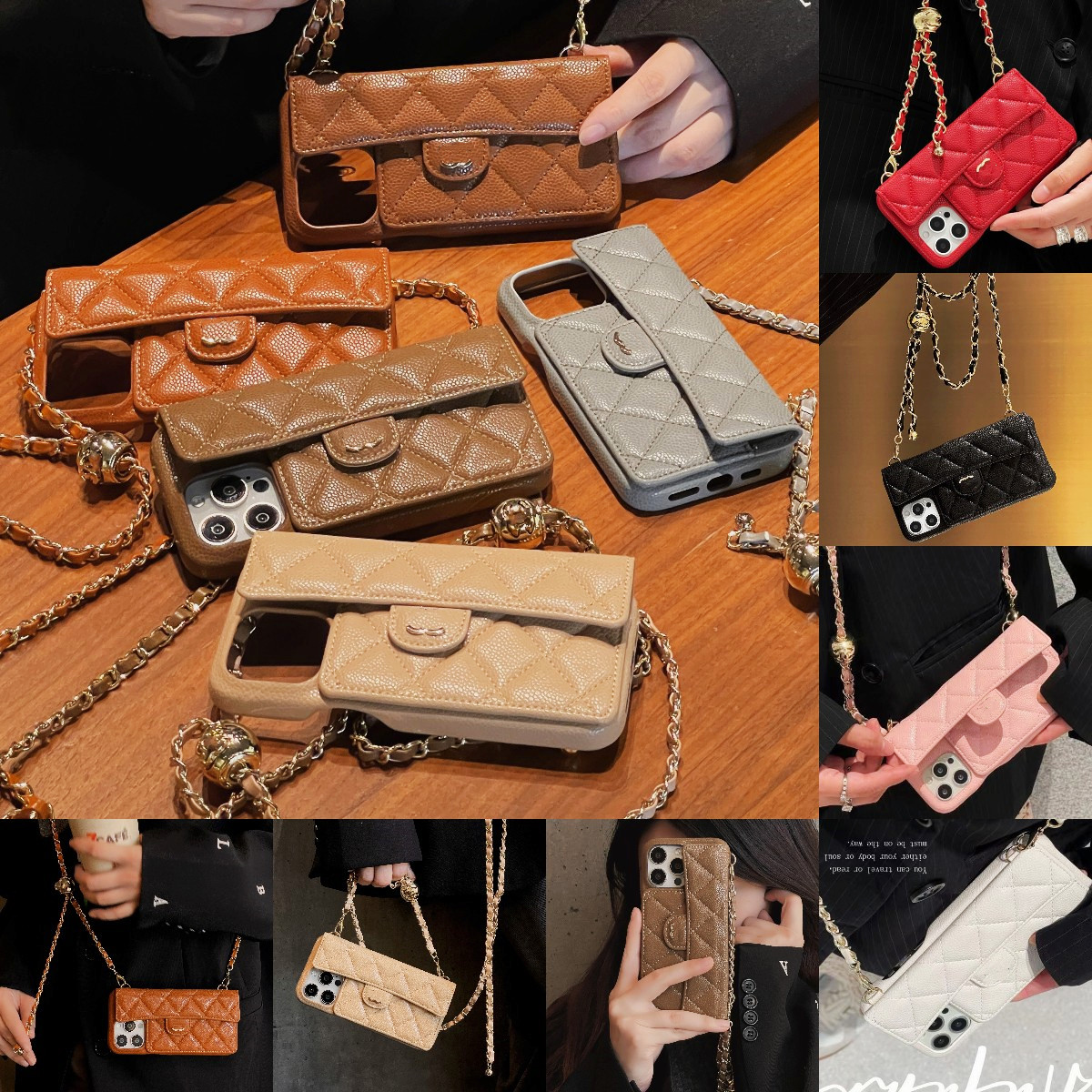 iPhone Case Designer Phone Case for iPhone 15 Pro Max 13 12 11 14 Plus 15 Plus 14 Pro Max Case Card Pocket Holder Bag Litchi Stria Leather Crossbody Wallet Chain Case Cover