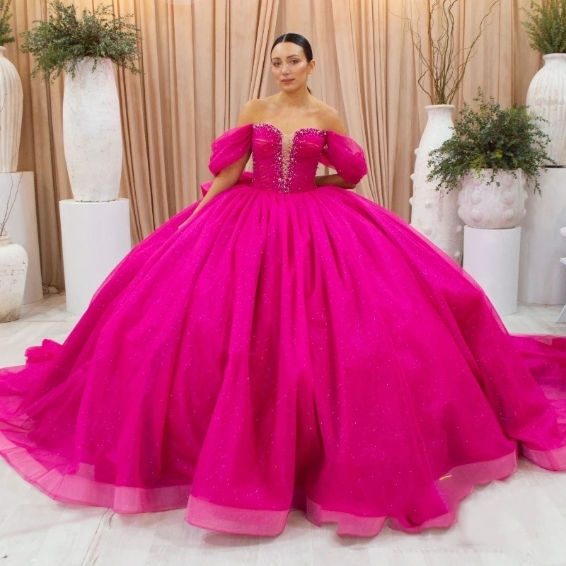 Rose Red Shiny Quinceanera Dresses Ball Gown Off the Shoulder Beaded Crystal Tull Mexican Sweet 16 Dresses 15 Anos