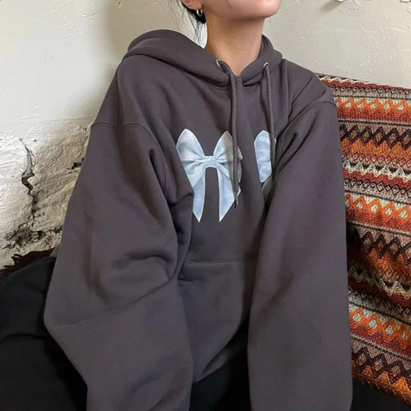 Korean Fashion Bow Print Women Hoodie Kawai Harajuku Casual Streetwear Aesthetic Y2K Pullover Loose E-girl Jacket Couple Tops 240701