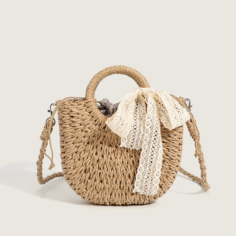 Summer New Simple Handheld Straw Woven Bag Women's Personalized Solid Color Half Round Shoulder Crossbody Travel Vacation Bag