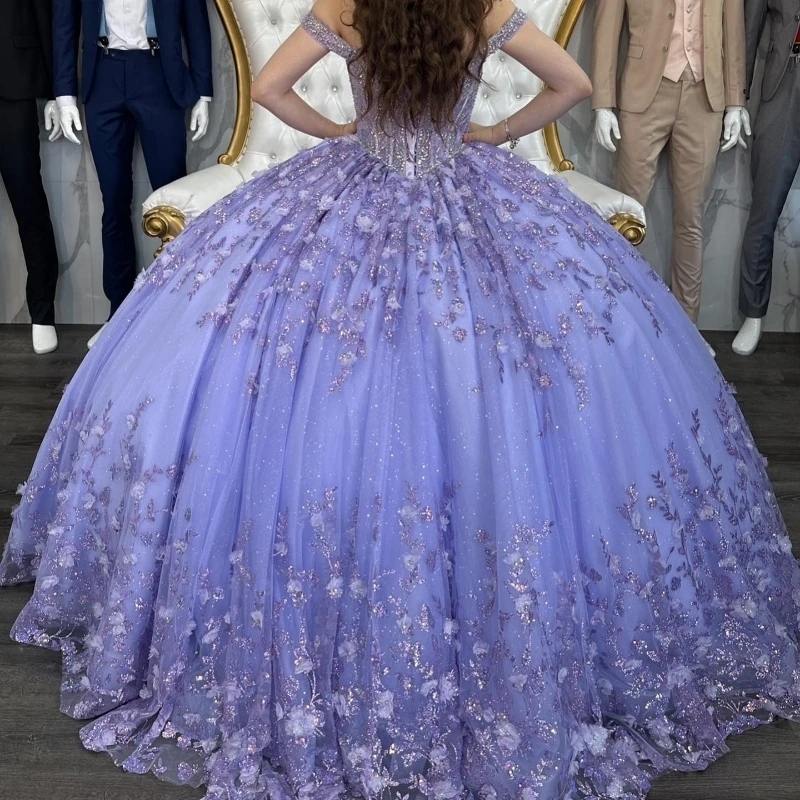 Mexico Lavender Shiny Off The Shoulder Ball Gown Quinceanera Dress Beaded Appliques Birthday Party Gowns Ruffles Sweet 16 15
