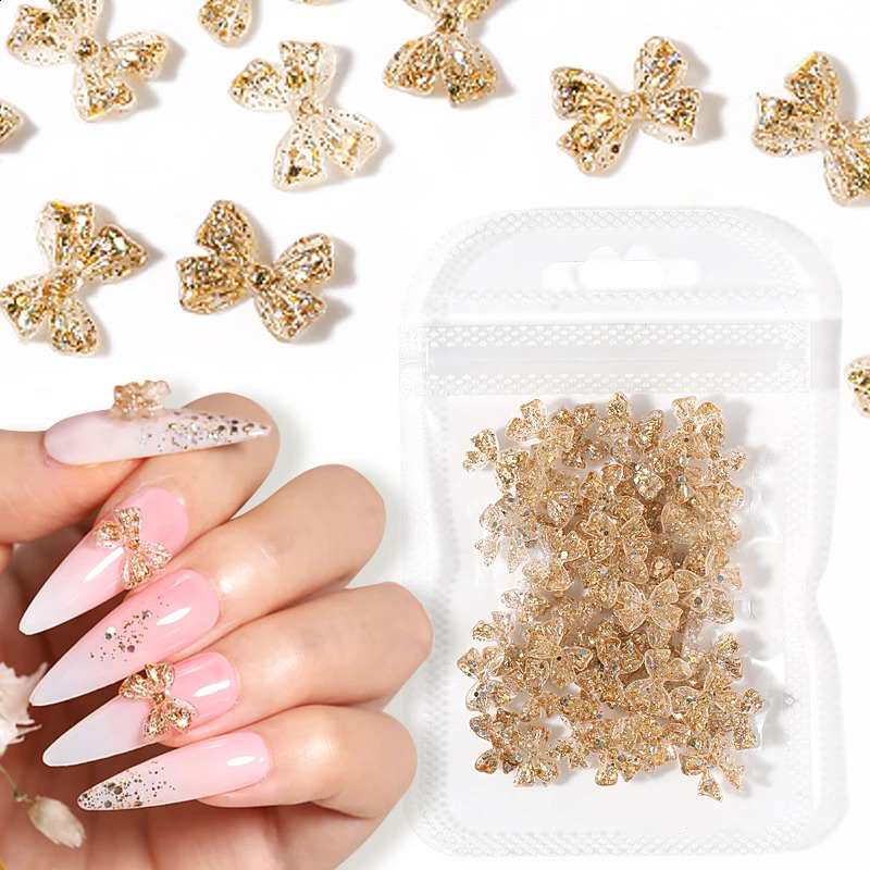 50pcs 3D Luminous Nail Charms Accessory Jelly Ribbon Bows Nail Art Decoration Translucent Crystal Manicure Jewelr 240701