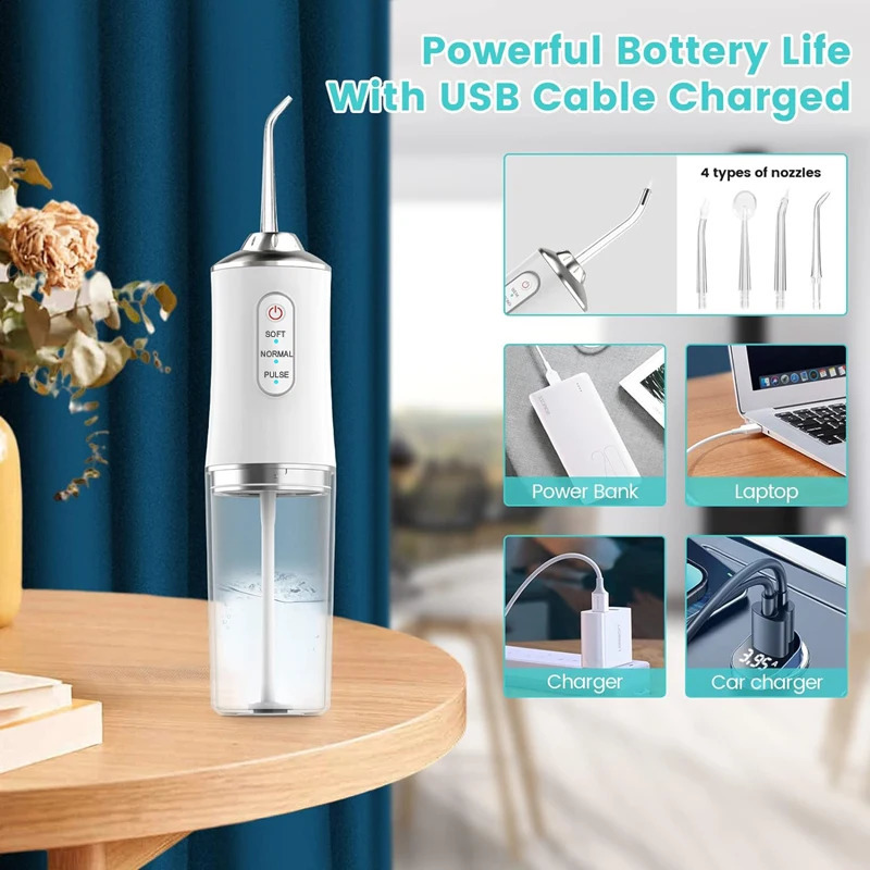 Portable Oral Irrigator USB Rechargeable Dental Water Flosser 4 Nozzles Water Jet 220ml Water Tank 3 Modes Waterproof 240701