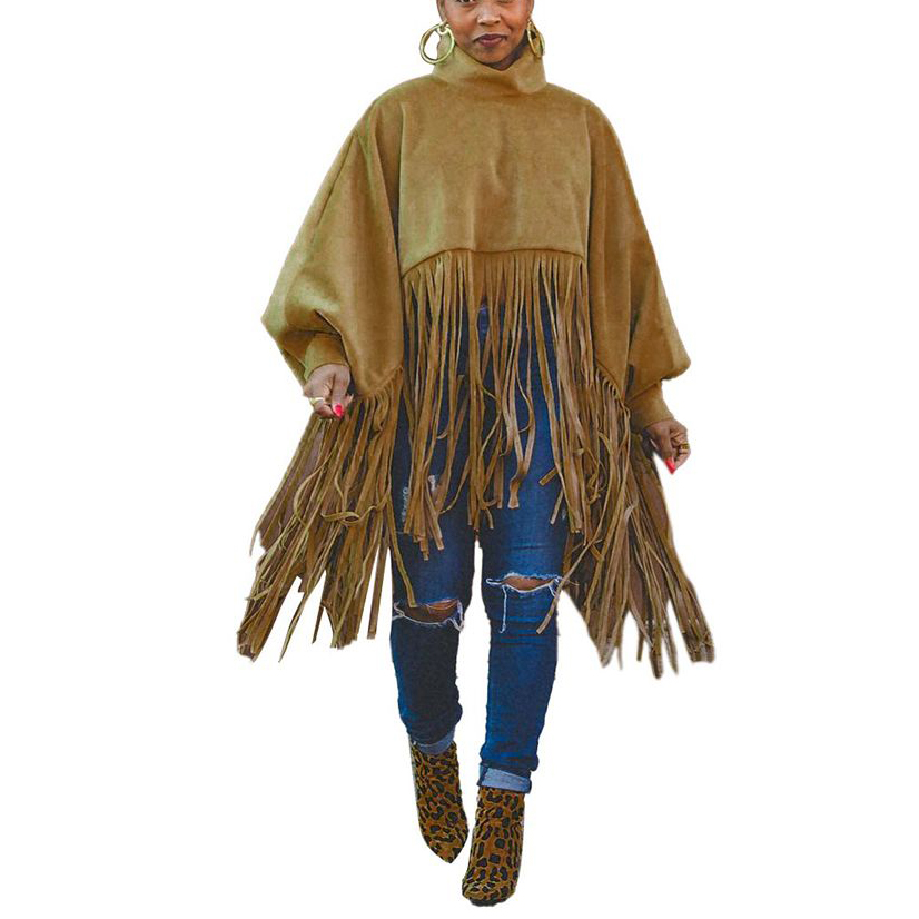 Women High Neck Pullover Shirts Long Sleeve Fringe Top Plus Size Fashion Tassel Poncho Oversized Sweatshirt