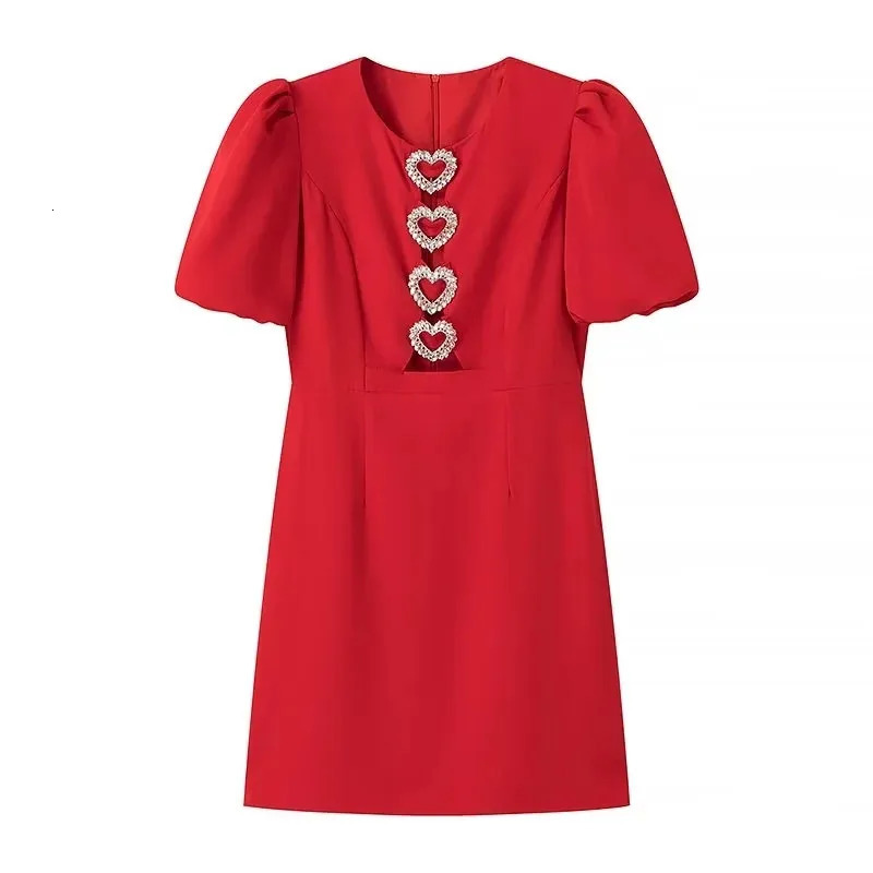 TRAF 2024 Red Black Mini Dress Woman Rhinestone Cut Out Short Dresses For Women Summer Short Puff Sleeve Elegant Party Dresses 240701