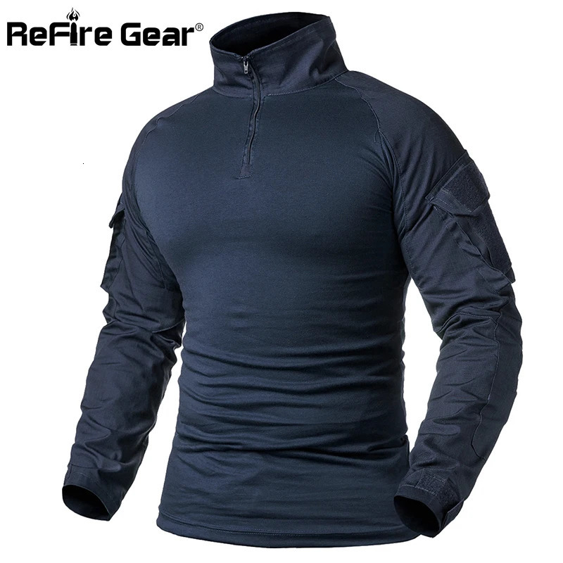 ReFire Gear Army Combat T shirt Men Long Sleeve Tactical TShirt Solid Cotton Military Shirt Man Navy Blue Hunt Airsoft Shirts 240620
