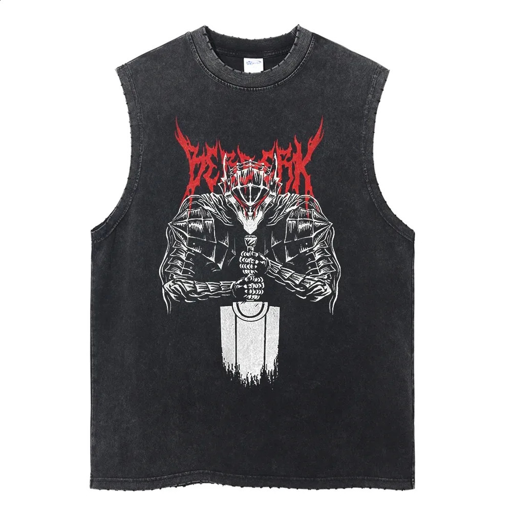 Summer Men Vintage Streetwear Sleeveless T-Shirts Cotton Tops Tees Washed Anime Casual Tops Harajuku Fashion Oversize Tank Top 240701