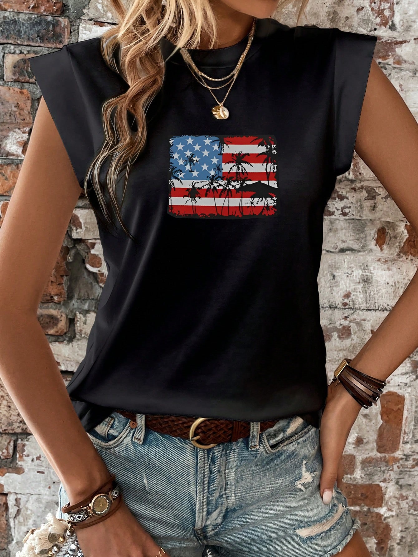 tops t shirt women clothes woman top Women USA Flag Printed American Flag Sleeveless Top Crew Neck Spandex Polyester Casual Letter Print SIZE S-2XL T-