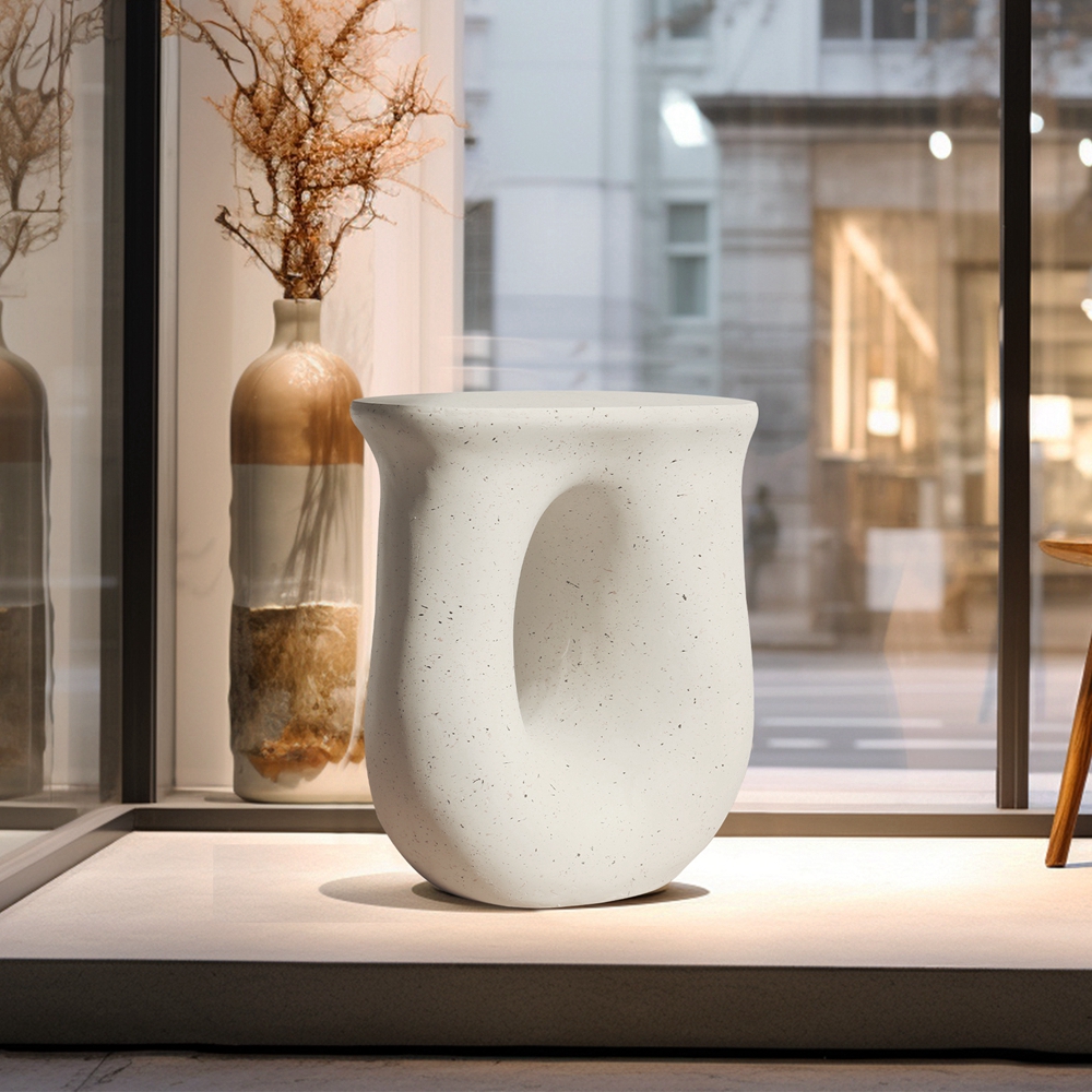 FATIVO Concrete Side Table: Modern U-shaped Geometric Lightweight Concrete Accent Table Garden Stool Decorative Side Table for Living Room, Home Decor